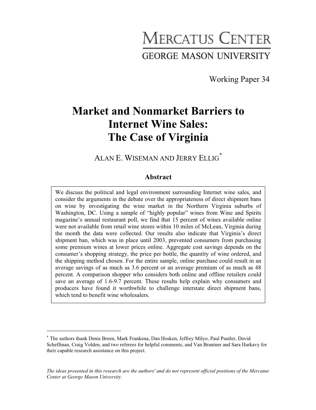 Market and Nonmarket Barriers to Internet Wine Sales: the Case of Virginia