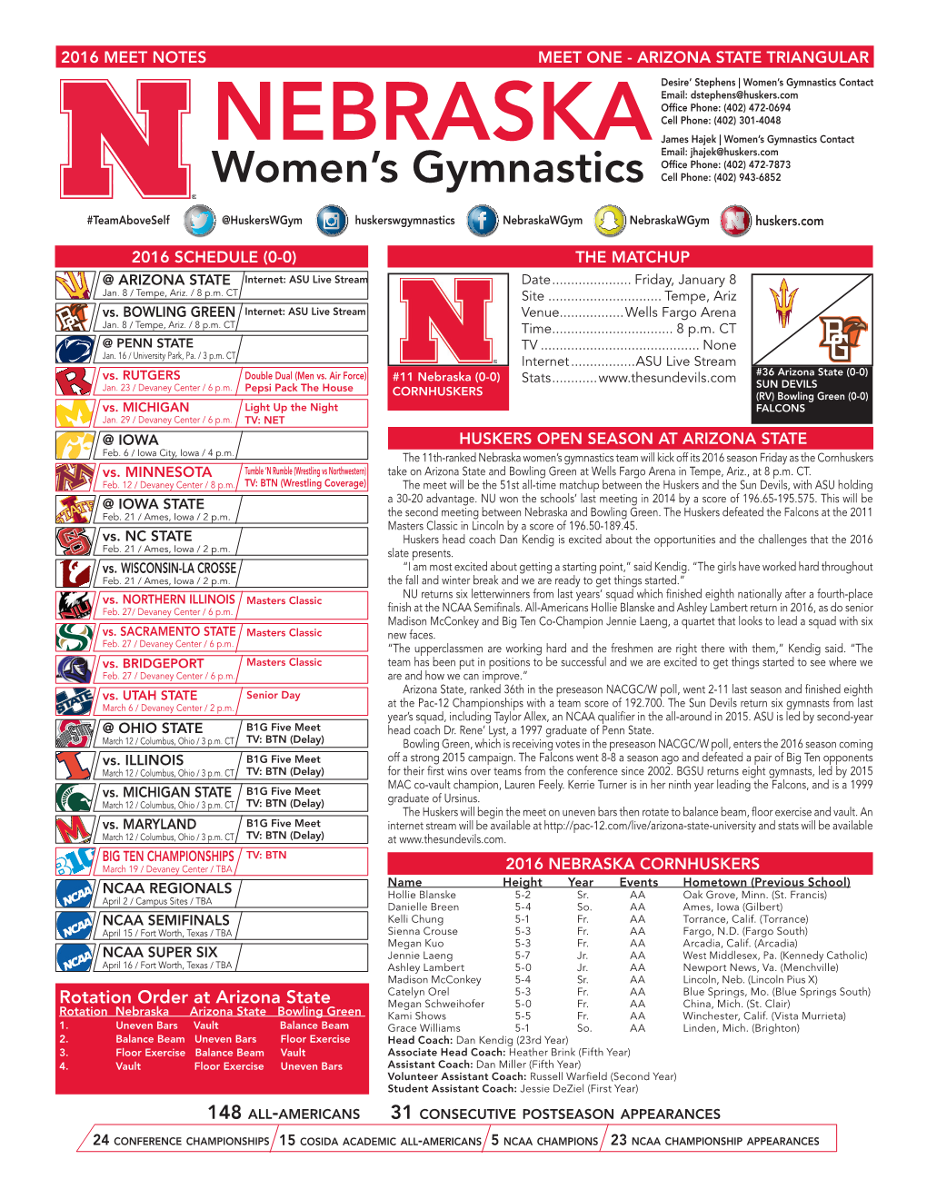 NEBRASKA Email: Jhajek@Huskers.Com Office Phone: (402) 472-7873 Women’S Gymnastics Cell Phone: (402) 943-6852