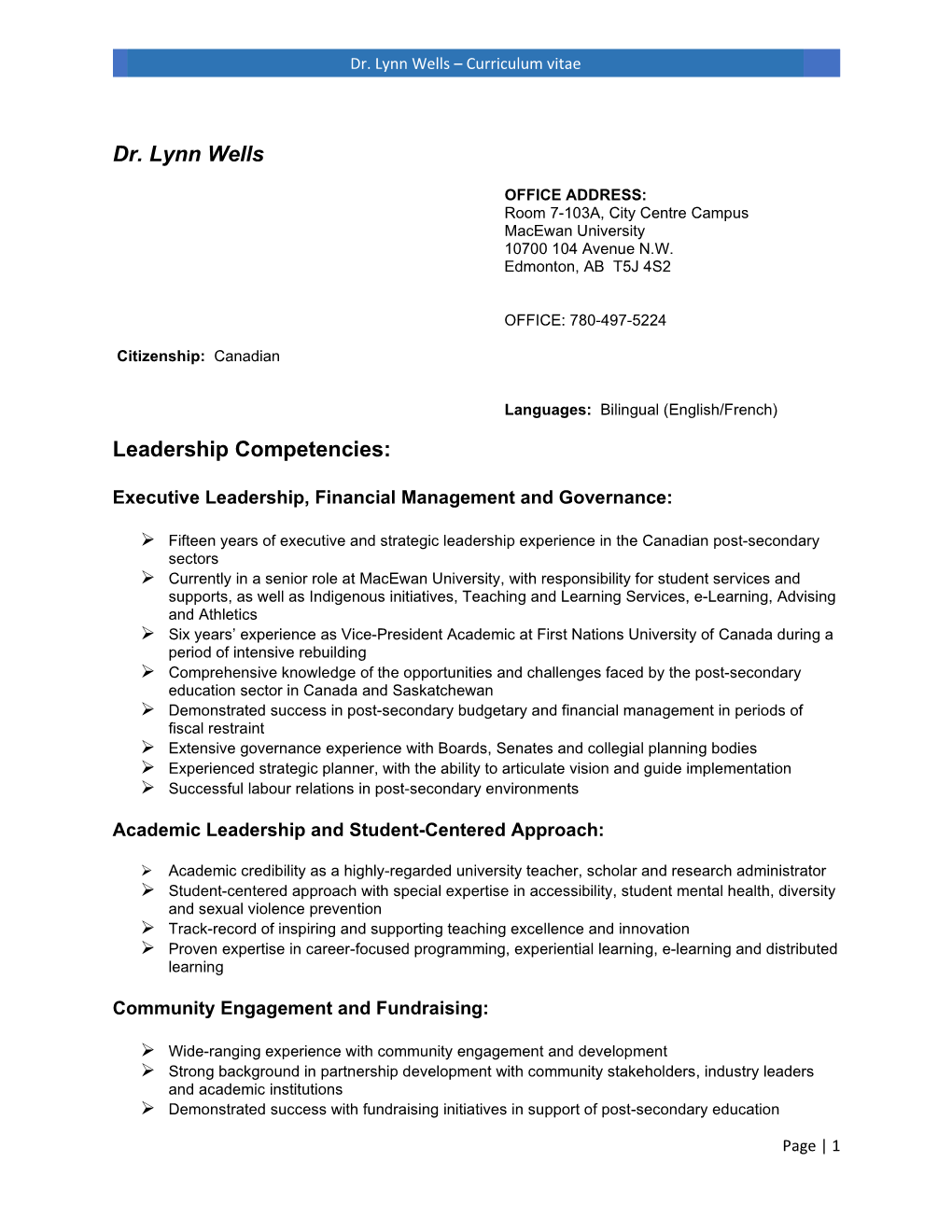 Dr. Lynn Wells Leadership Competencies