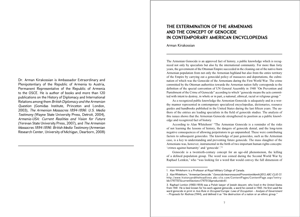 The Extermination of the Armenians and the Concept of Genocide in Contemporary American Encyclopedias