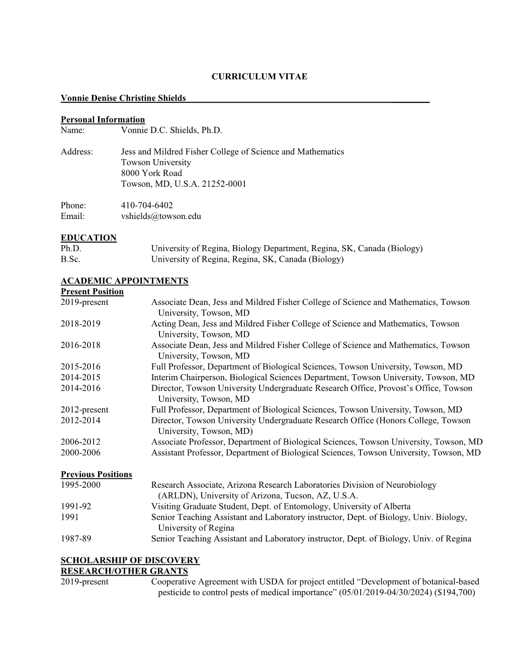 Dr. Vonnie D. Shields: Curriculum Vitae (PDF)