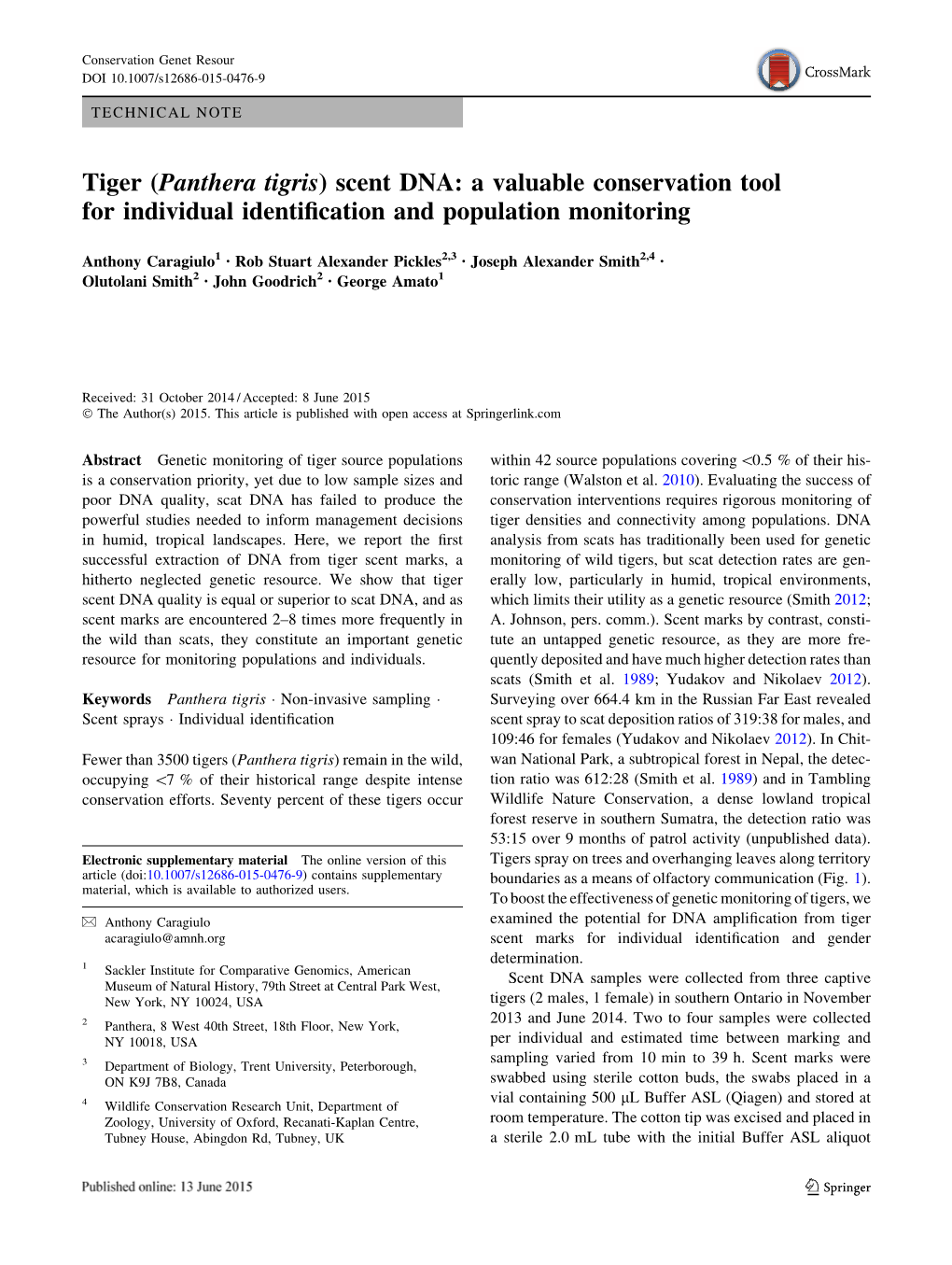 Tiger (Panthera Tigris) Scent DNA: a Valuable Conservation Tool for ...