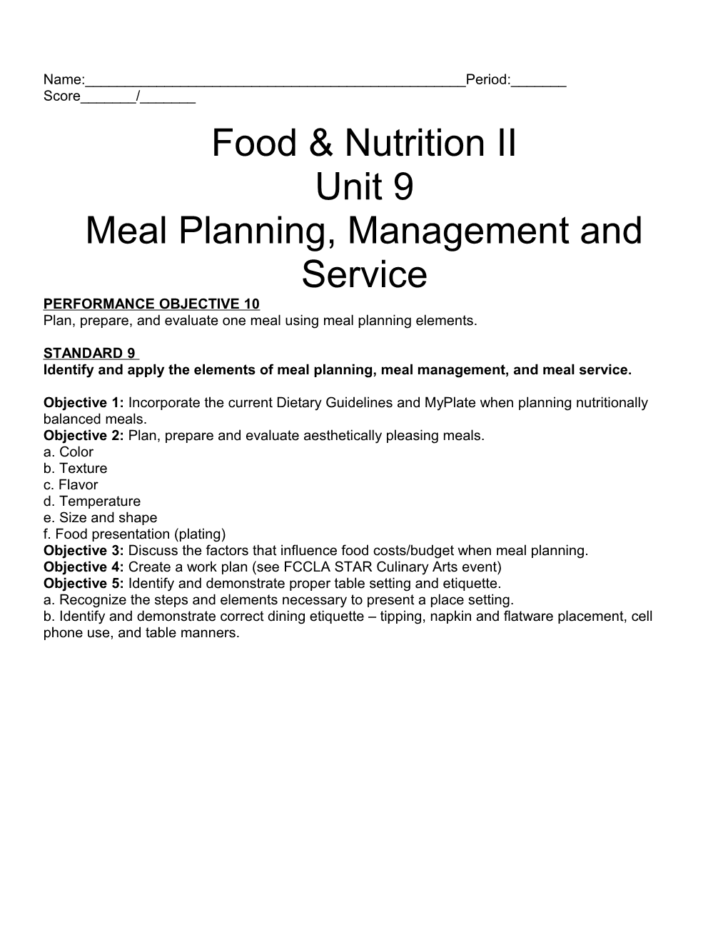 Meal Planning, Management and Service