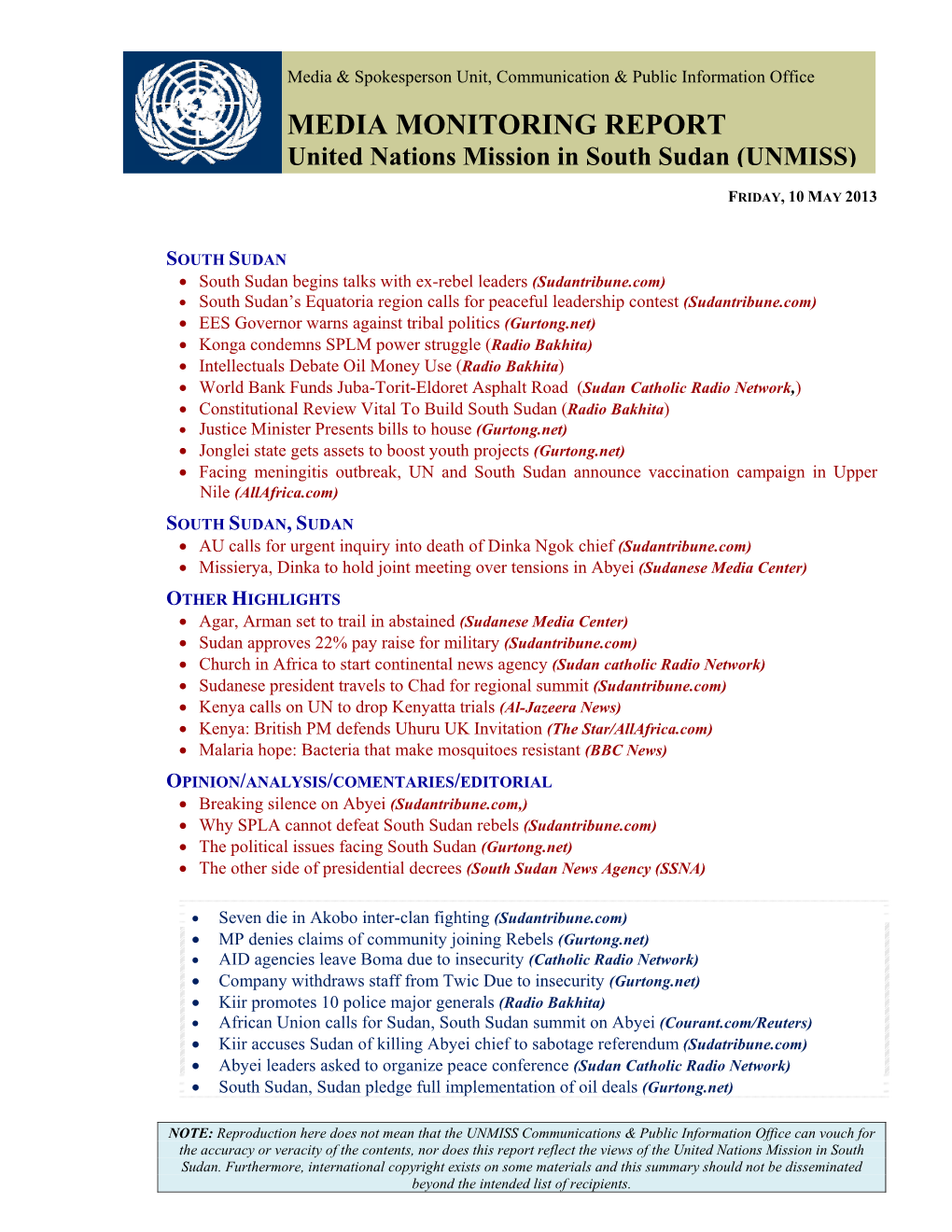 MEDIA MONITORING REPORT United Nations Mission in South Sudan (UNMISS)