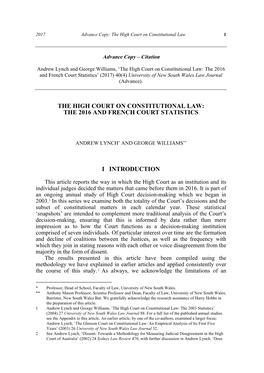 The High Court on Constitutional Law: the 2016 and French Court Statistics’ (2017) 40(4) University of New South Wales Law Journal (Advance)