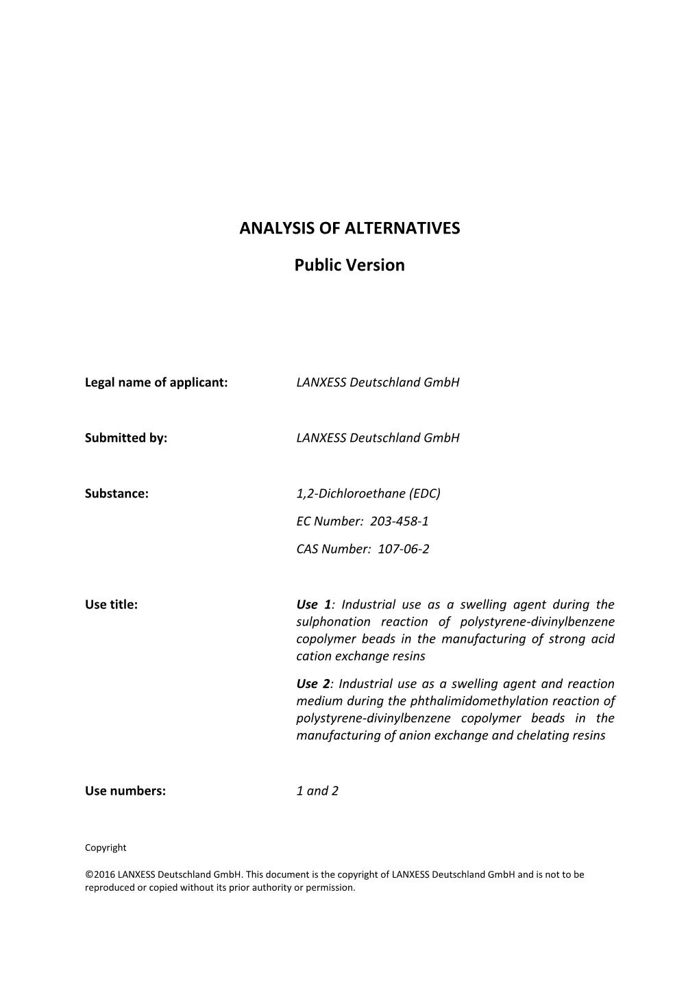 ANALYSIS of ALTERNATIVES Public Version