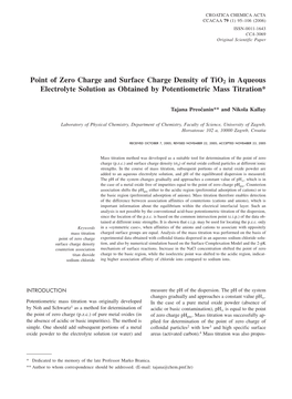 Point of Zero Charge and Surface Charge Density of Tio2 in Aqueous Electrolyte Solution As Obtained by Potentiometric Mass Titration*