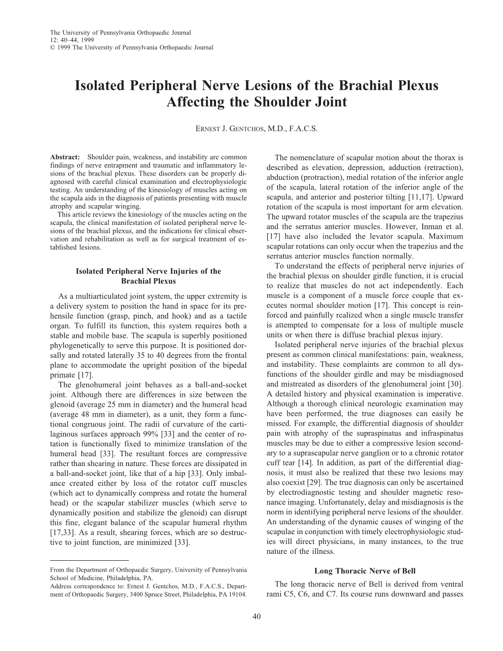 Isolated Peripheral Nerve Lesions of the Brachial Plexus Affecting the Shoulder Joint