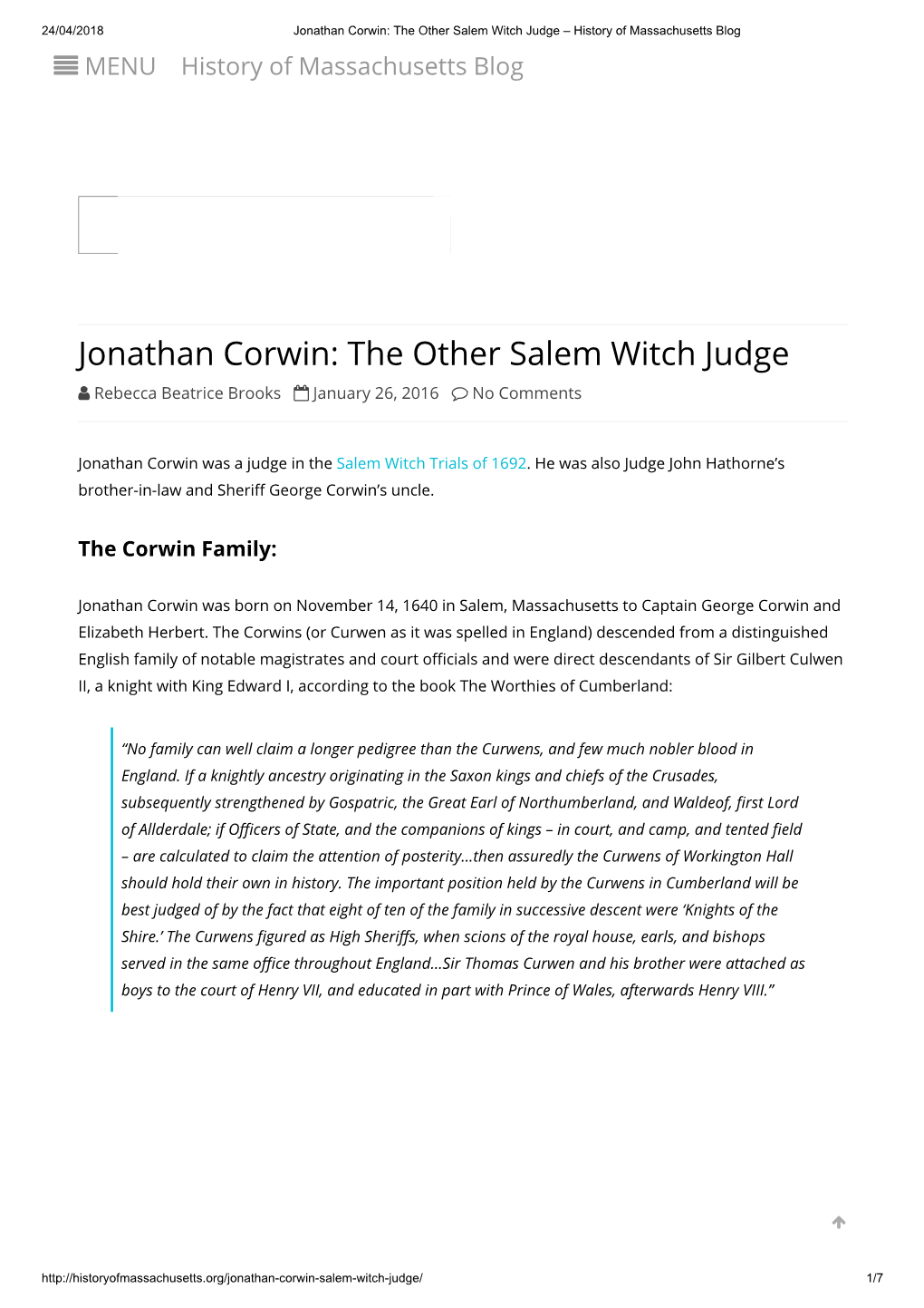 Jonathan Corwin: the Other Salem Witch Judge – History of Massachusetts Blog  MENU History of Massachusetts Blog