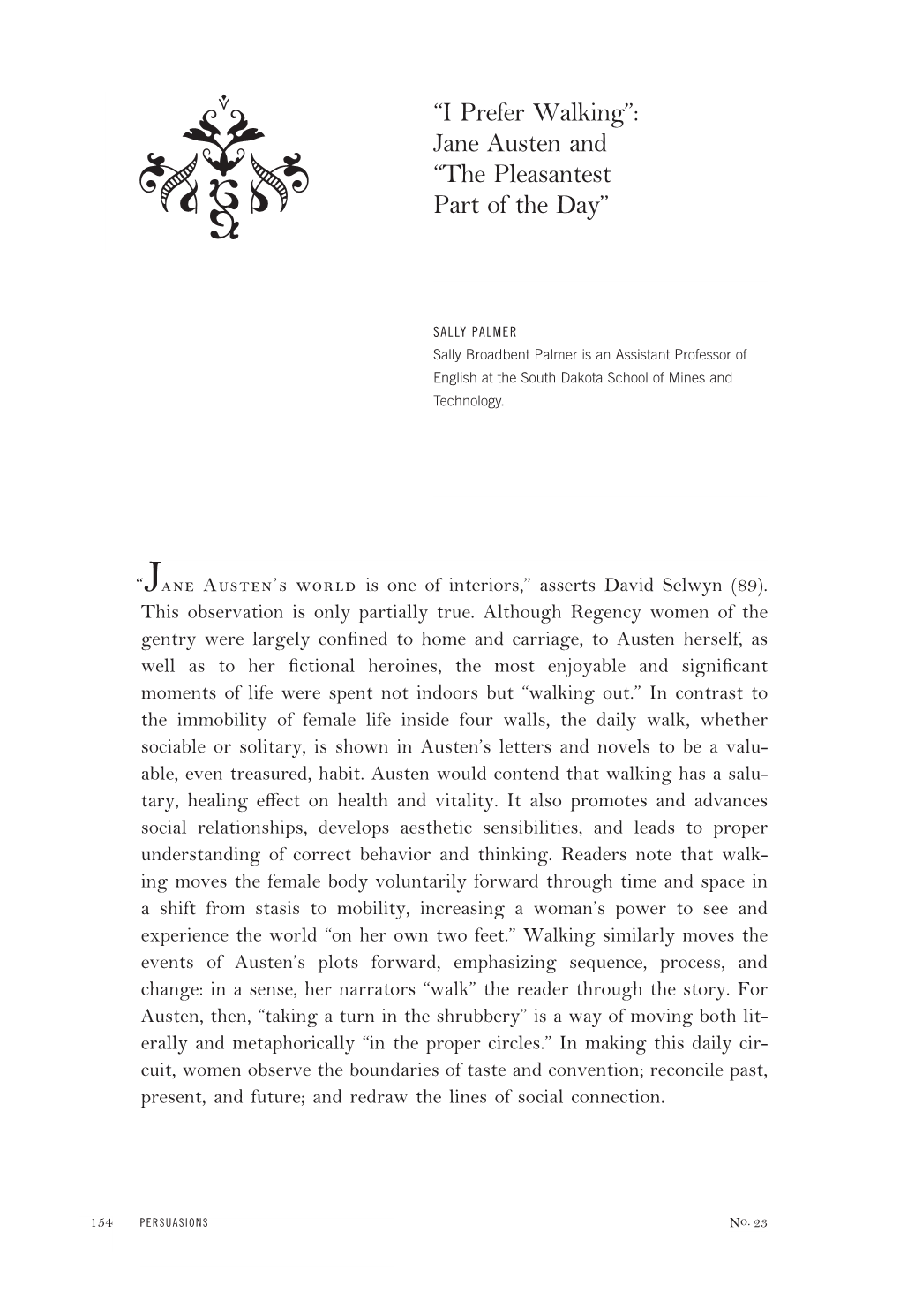 “I Prefer Walking”: Jane Austen and “The Pleasantest Part of the Day”