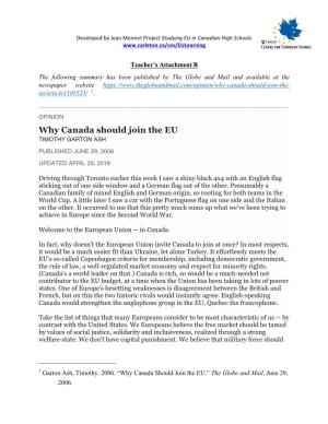 Why Canada Should Join the EU TIMOTHY GARTON ASH
