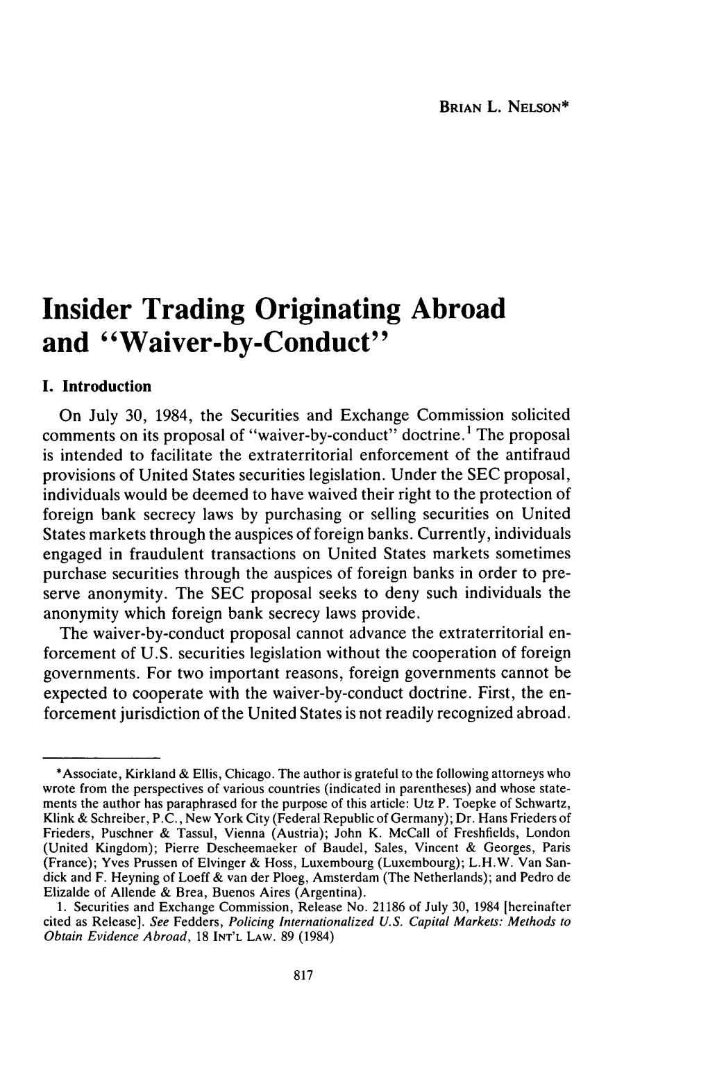 Insider Trading Originating Abroad and Waiver-By-Conduct