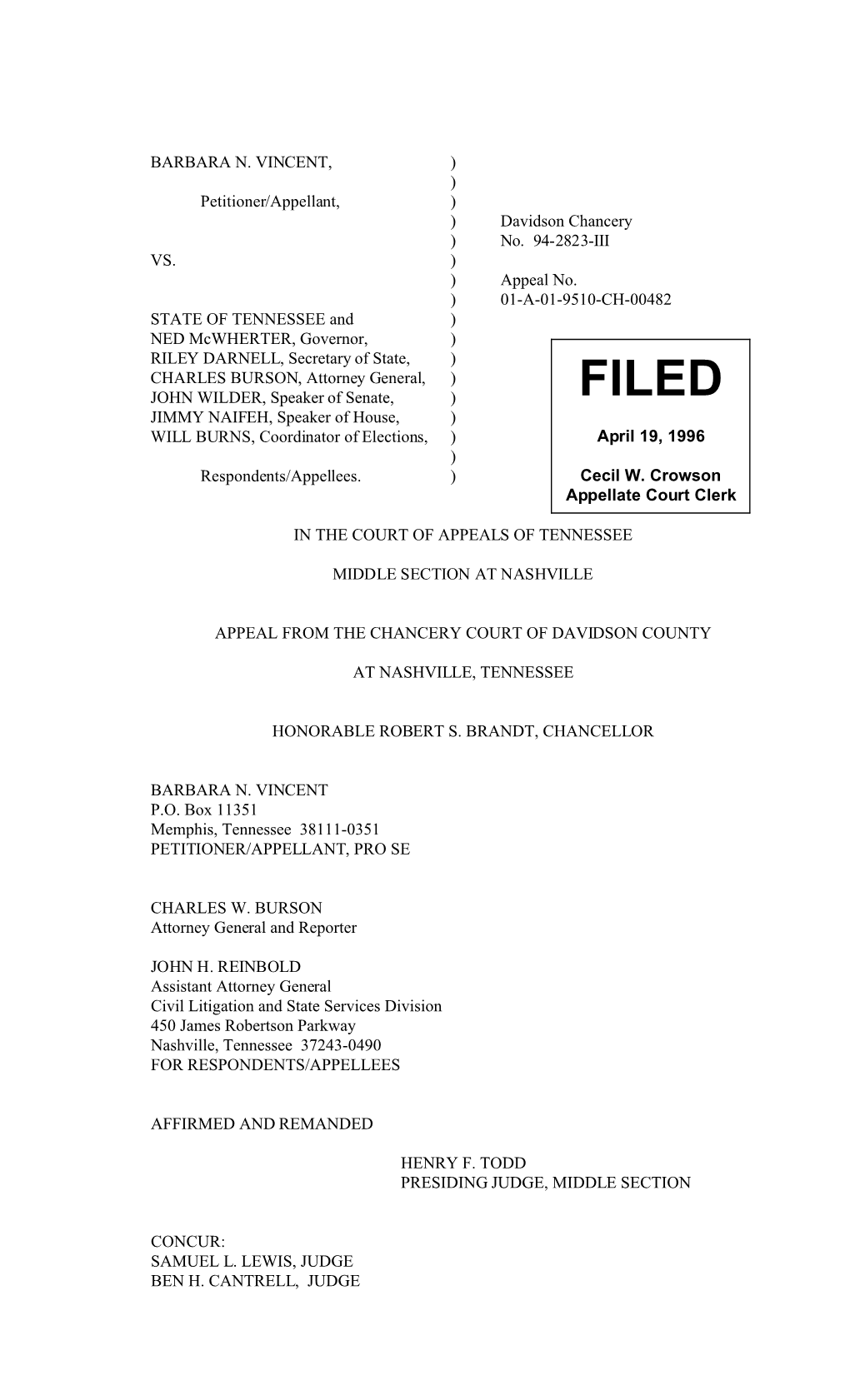 April 19, 1996 Cecil W. Crowson Appellate Court Clerk BARBARA N. VINCENT, ) ) Petitioner/Appellant, ) ) Davidson Chancery )