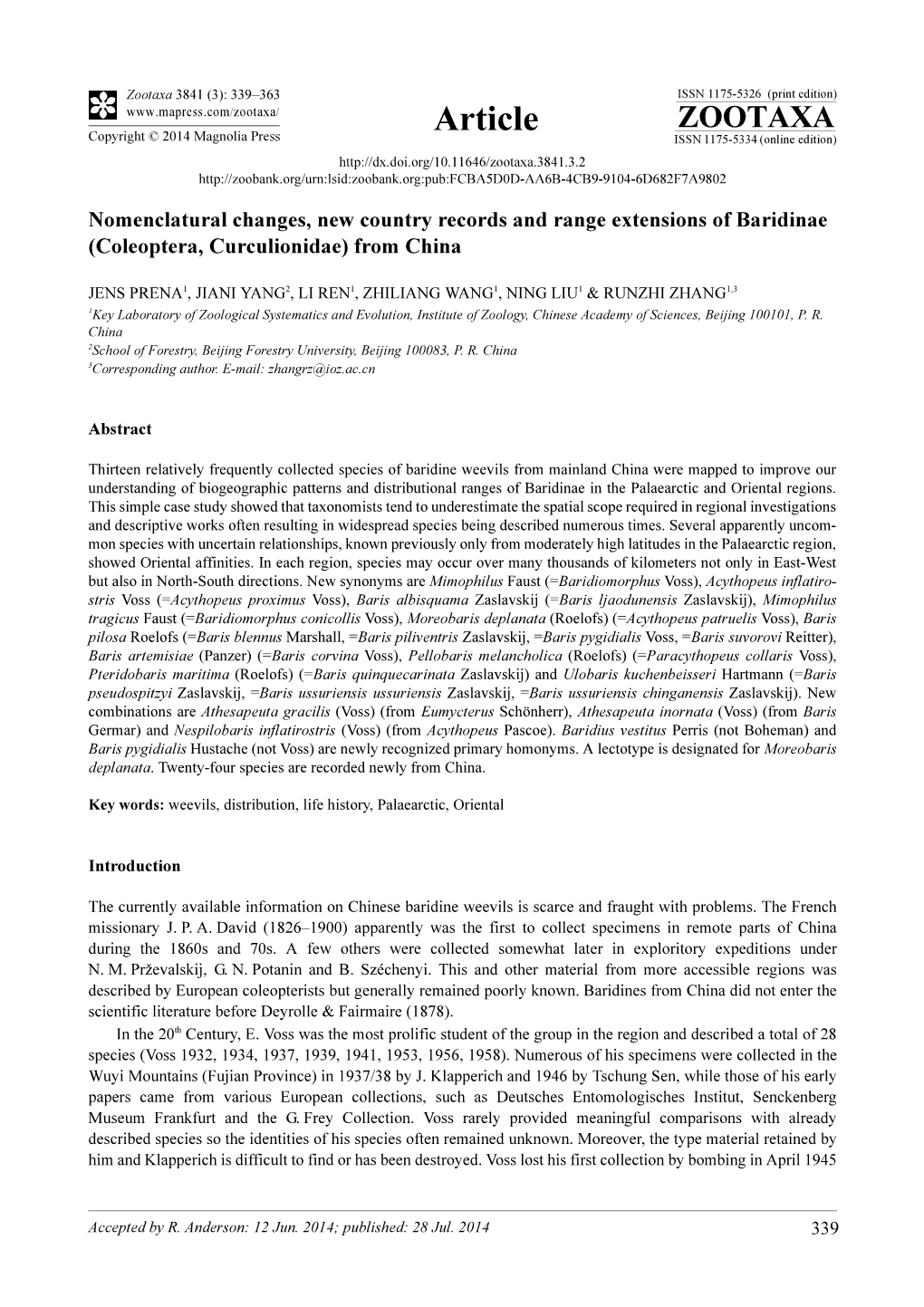 Nomenclatural Changes, New Country Records and Range Extensions of Baridinae (Coleoptera, Curculionidae) from China