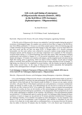 Life Cycle and Timing of Emergence of Oligoneuriella Rhenana (IMHOFF, 1852) in the Kyll River (SW-Germany) [Ephemeroptera : Oligoneuriidae]