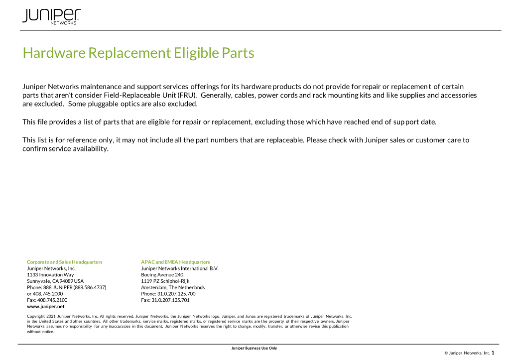 Hardware Replacement Eligible Parts