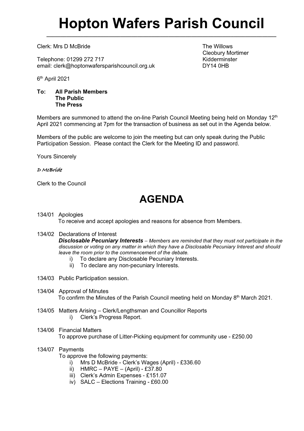12Th April 2021 Commencing at 7Pm for the Transaction of Business As Set out in the Agenda Below