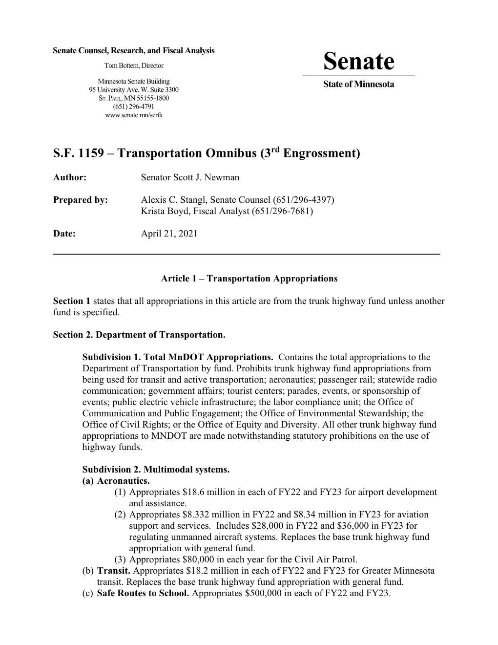 S.F. 1159 – Transportation Omnibus (3Rd Engrossment)