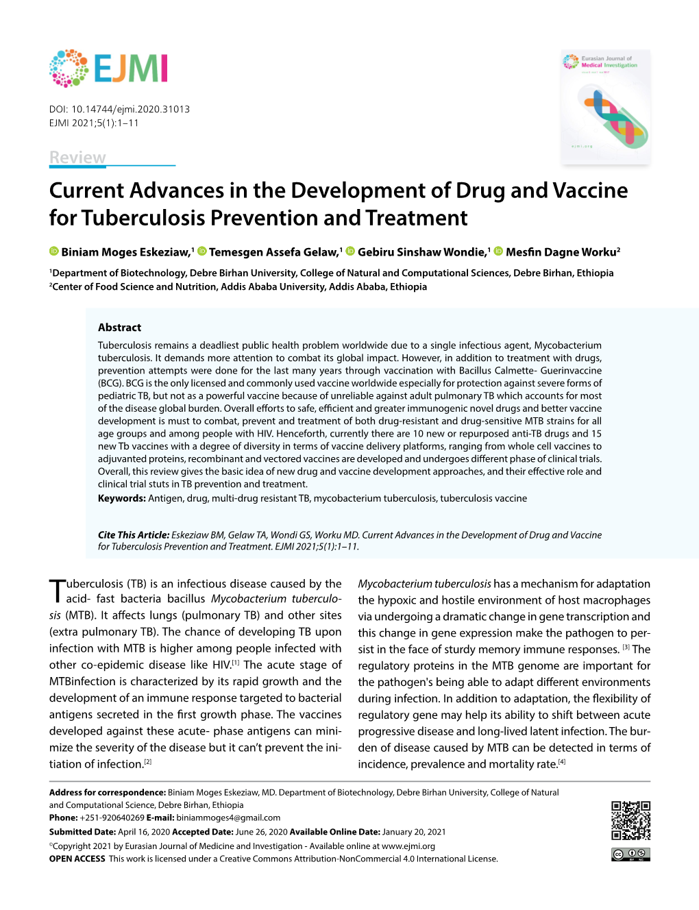 Current Advances in the Development of Drug and Vaccine for Tuberculosis Prevention and Treatment