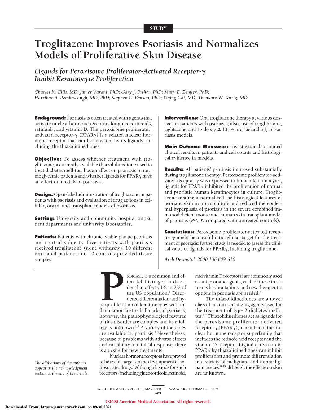 Troglitazone Improves Psoriasis and Normalizes Models of Proliferative