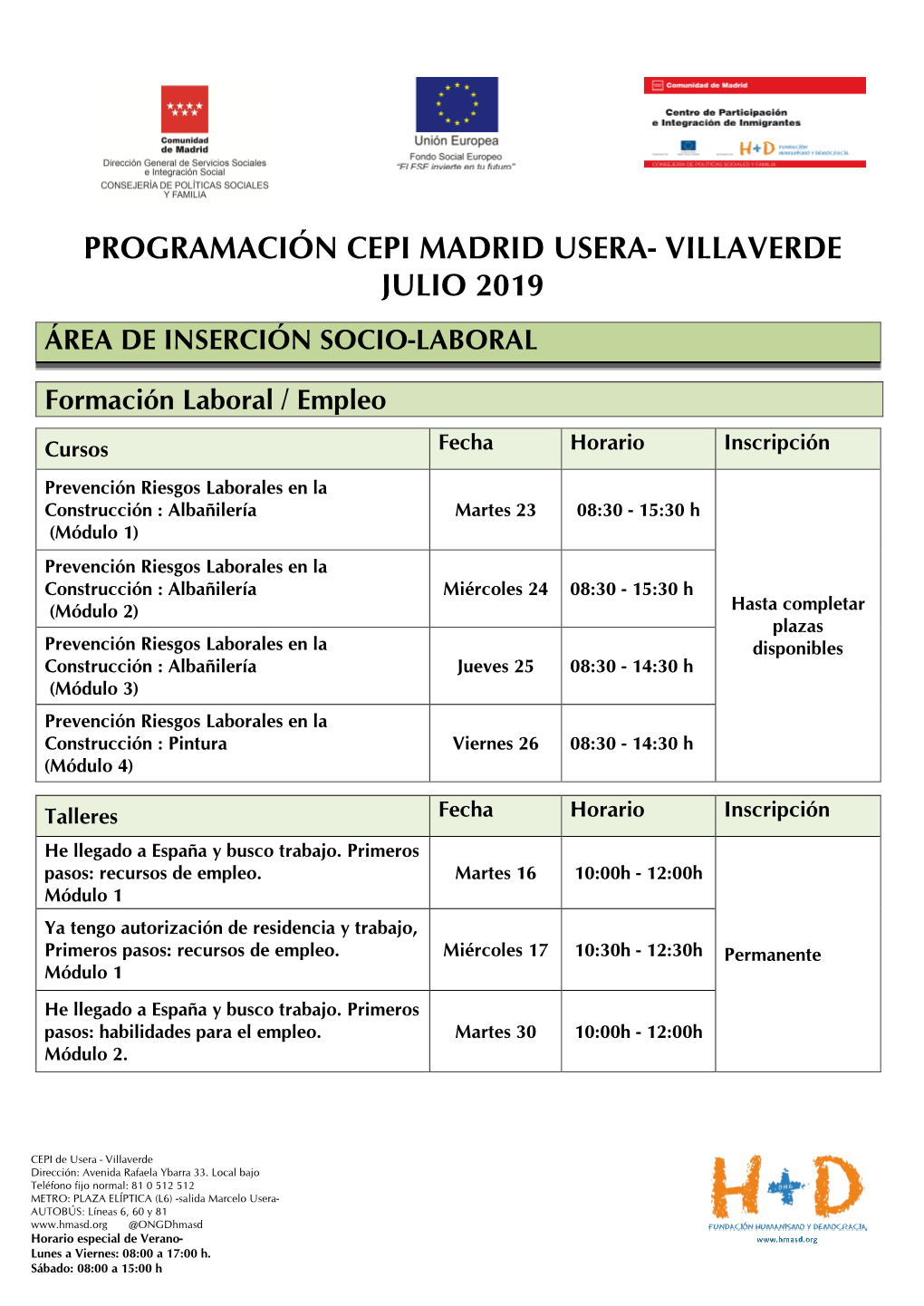 Programación Cepi Madrid Usera- Villaverde Julio 2019