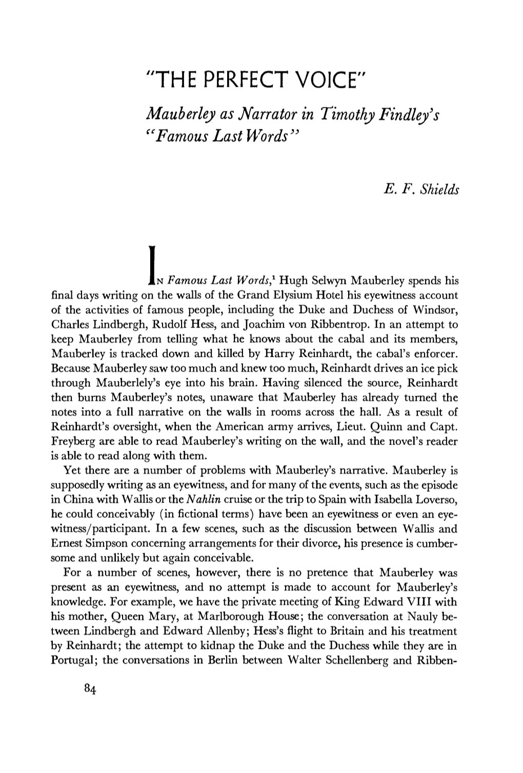 "THE PERFECT VOICE" Mauberley As Narrator in Timothy Findley's "Famous Last Words'3