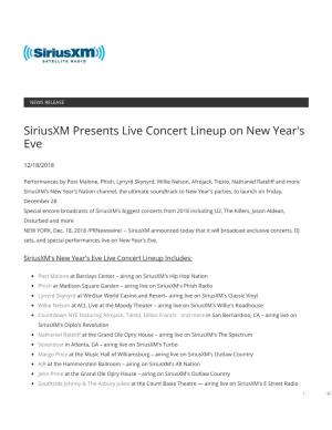 Siriusxm Presents Live Concert Lineup on New Year's Eve