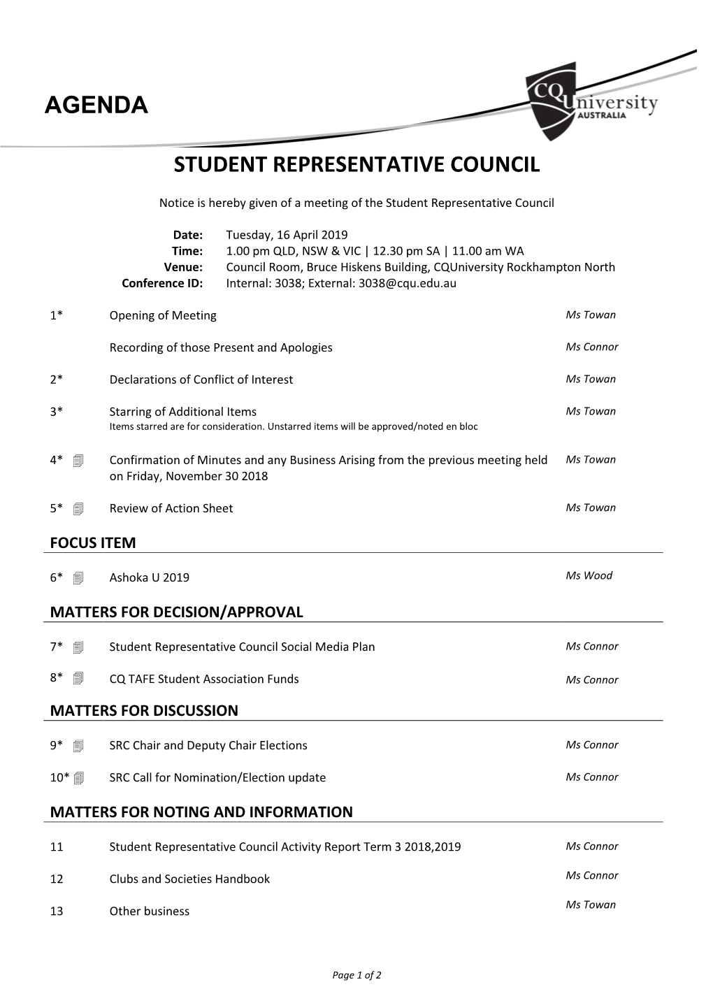 Student Representative Council Agenda – 16 April 2019