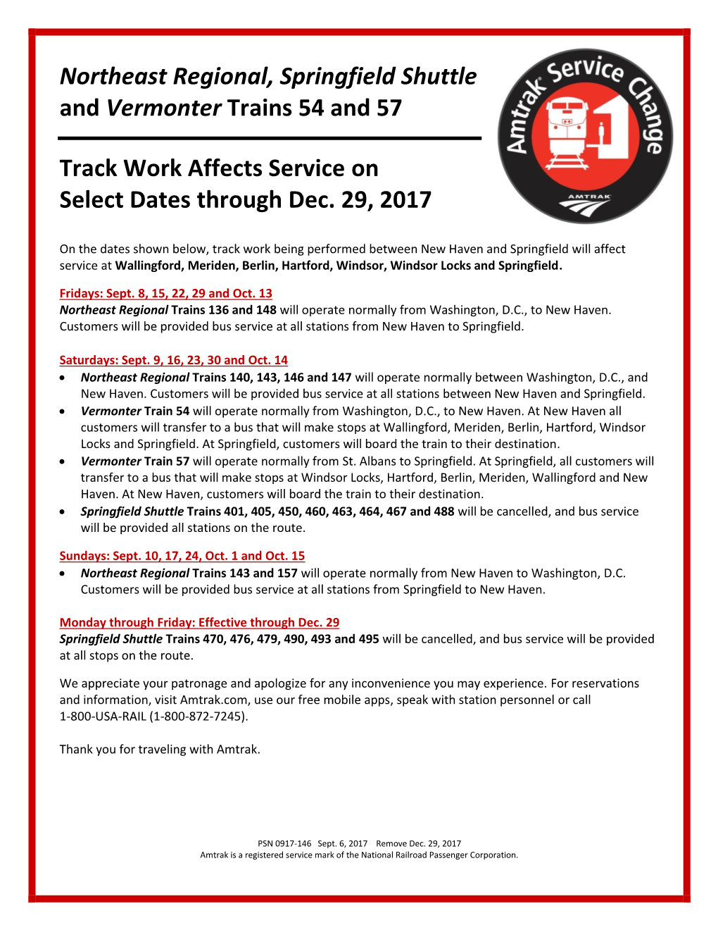 Northeast Regional, Springfield Shuttle and Vermonter Trains 54 and 57