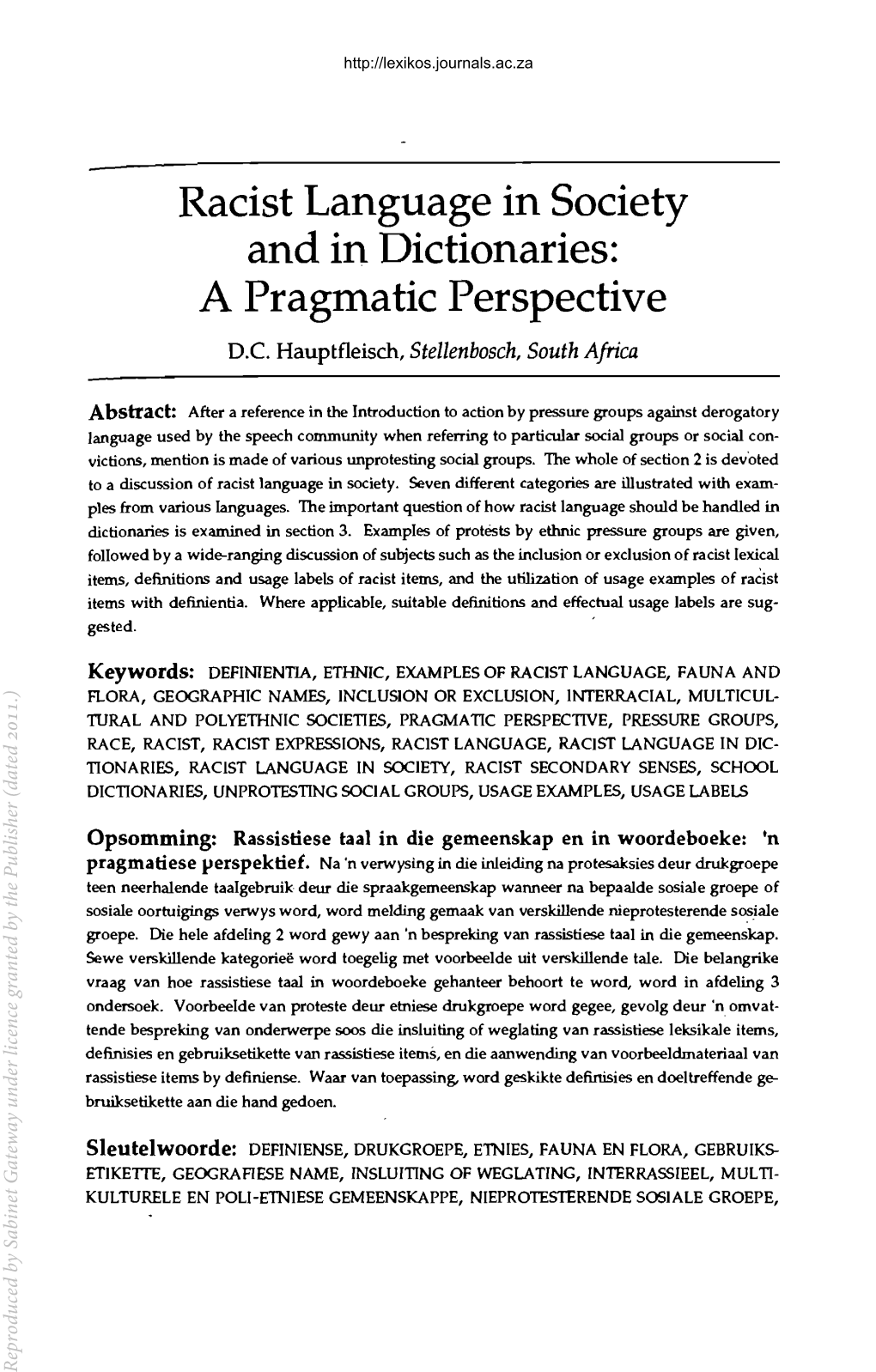 Racist Language in Society and in Dictionaries: a Pragmatic Perspective D.C