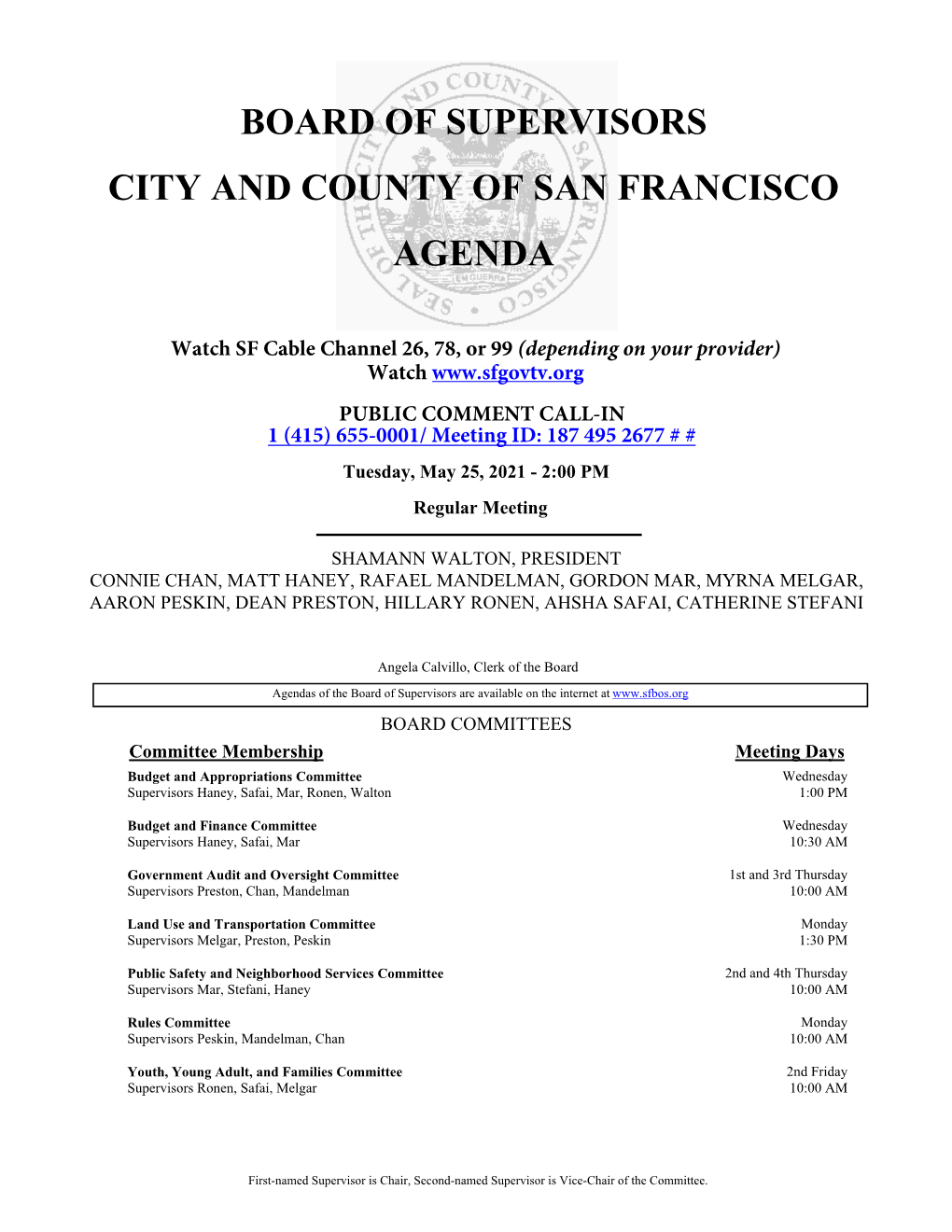 Board of Supervisors City and County of San Francisco Agenda