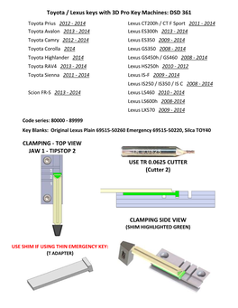 Toyota / Lexus Keys with 3D Pro Key Machines: DSD 361 CLAMPING