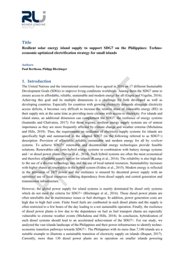 Resilient Solar Energy Island Supply to Support SDG7 on the Philippines: Techno- Economic Optimized Electrification Strategy for Small Islands