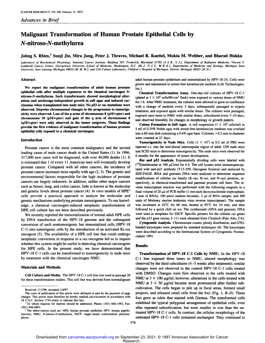 Malignant Transformation of Human Prostate Epithelial Cells by N-Nitroso-N-Methylurea