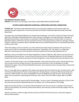 Atlanta Hawks Announce Basketball Operations Additions, Promotions