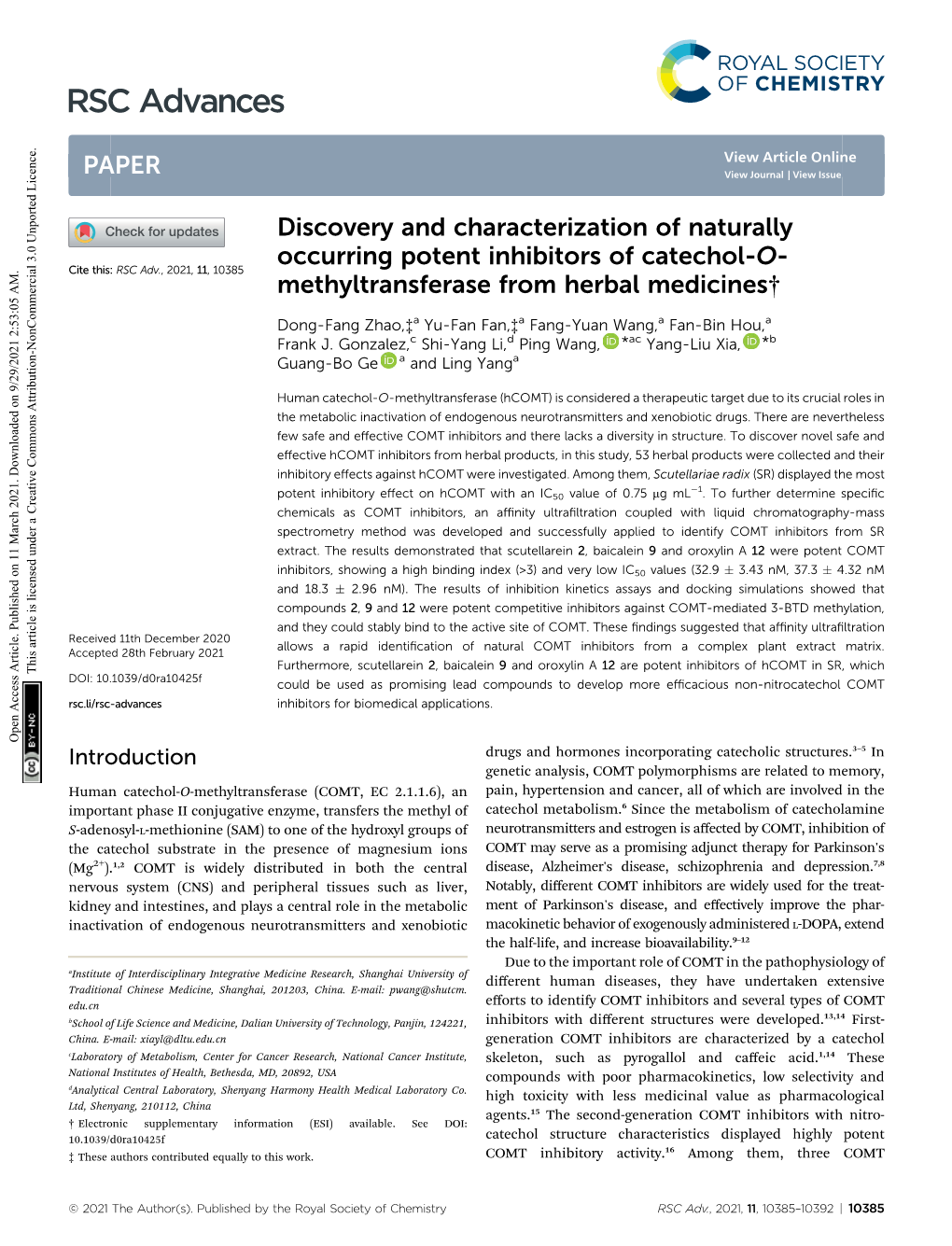 Discovery and Characterization of Naturally Occurring Potent Inhibitors of Catechol-O-Methyltransferase from Herbal Medicines