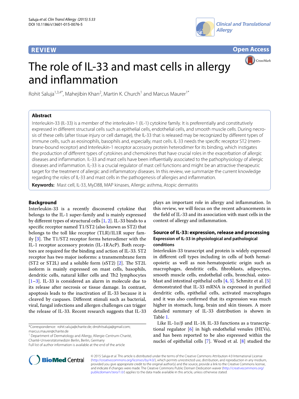 The Role of IL-33 and Mast Cells in Allergy and Inflammation