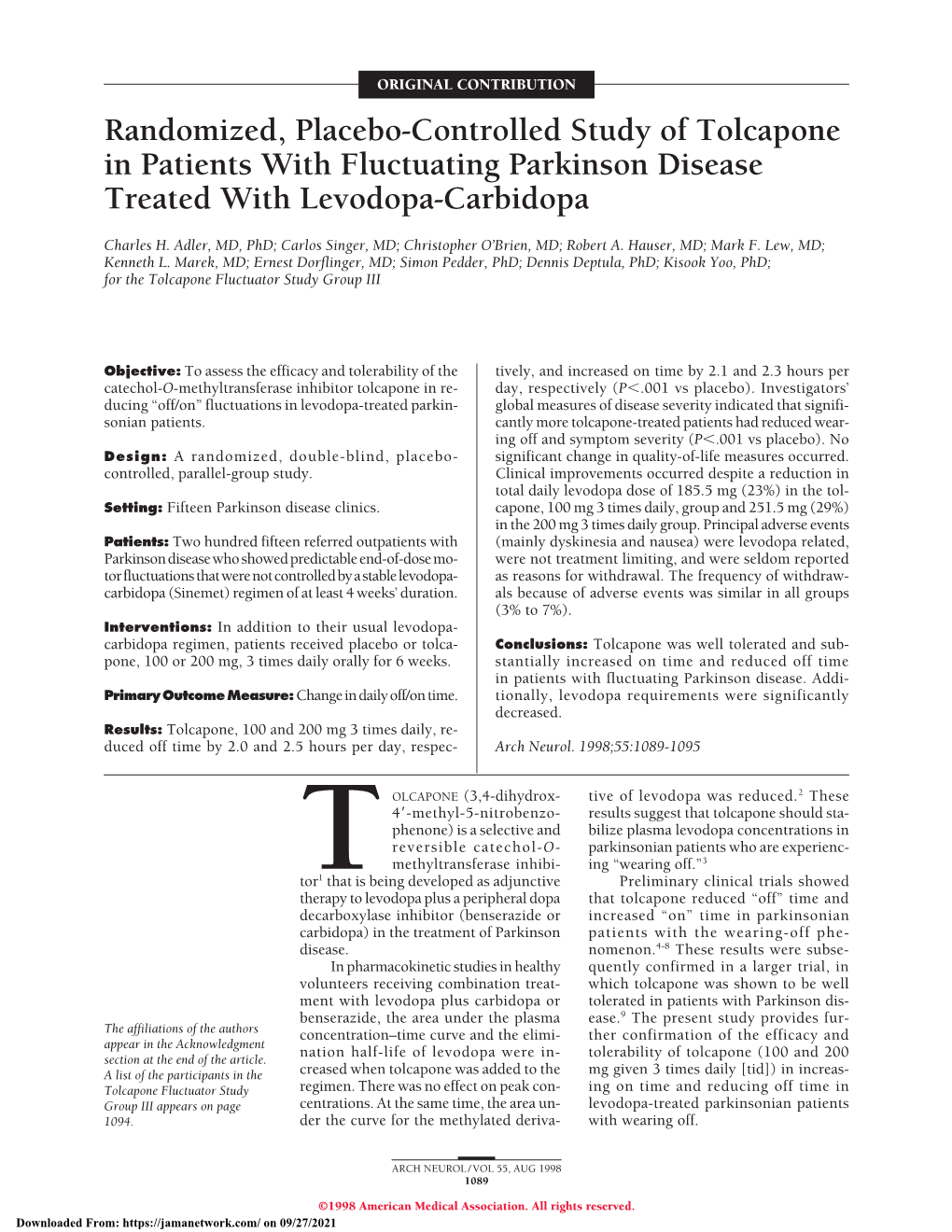 Randomized, Placebo-Controlled Study of Tolcapone in Patients with Fluctuating Parkinson Disease Treated with Levodopa-Carbidopa