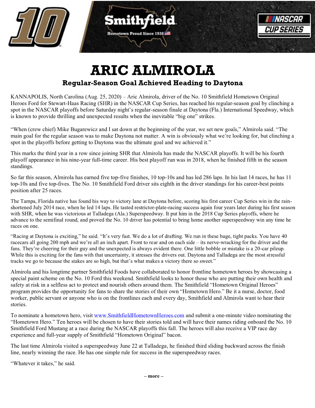 ARIC ALMIROLA Regular-Season Goal Achieved Heading to Daytona