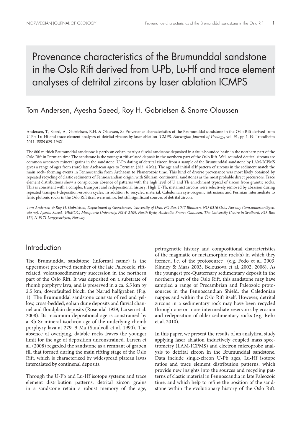 Provenance Characteristics of the Brumunddal Sandstone in the Oslo Rift 1