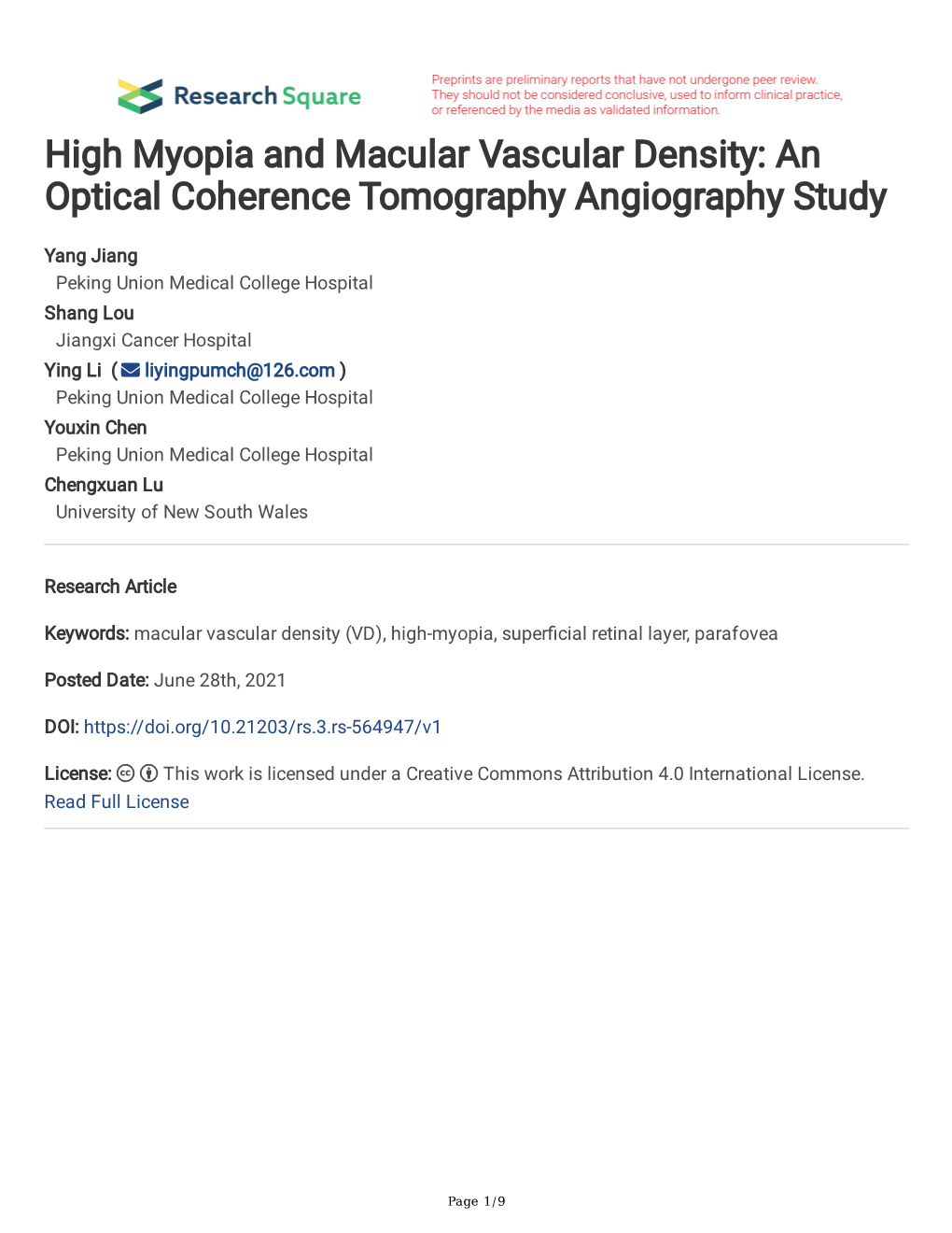 High Myopia and Macular Vascular Density: an Optical Coherence Tomography Angiography Study