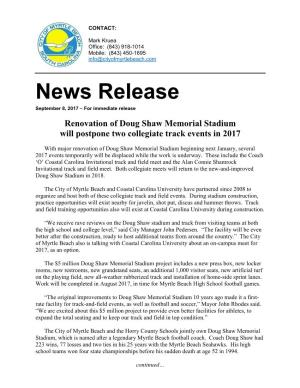 Renovation of Doug Shaw Memorial Stadium Will Postpone Two Collegiate Track Events in 2017