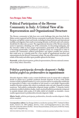 Political Participation of the Slovene Community in Italy: a Critical View of Its Representation and Organisational Structure