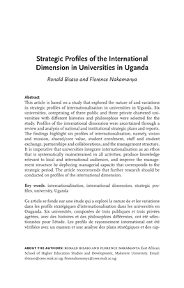 Strategic Profiles of the International Dimension in Universities in Uganda Ronald Bisaso and Florence Nakamanya