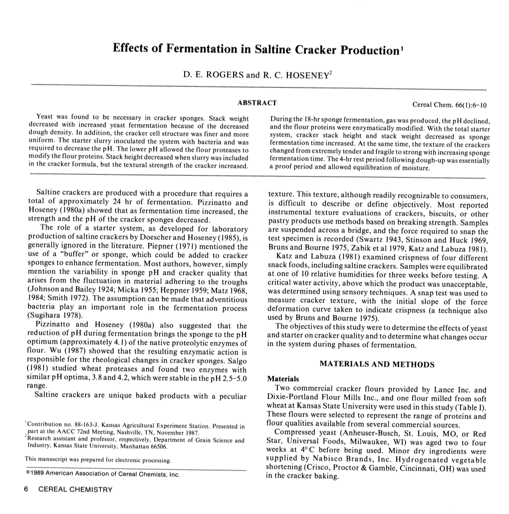 Effects of Fermentation in Saltine Cracker Production'