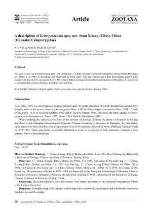A Description of Echo Perornata Spec. Nov. from Xizang (Tibet), China (Odonata: Calopterygidae)