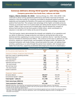 Cenovus Delivers Strong Third-Quarter Operating Results Company Generates Free Funds Flow, Reduces Net Debt Calgary, Alberta (October 29, 2020) – Cenovus Energy Inc