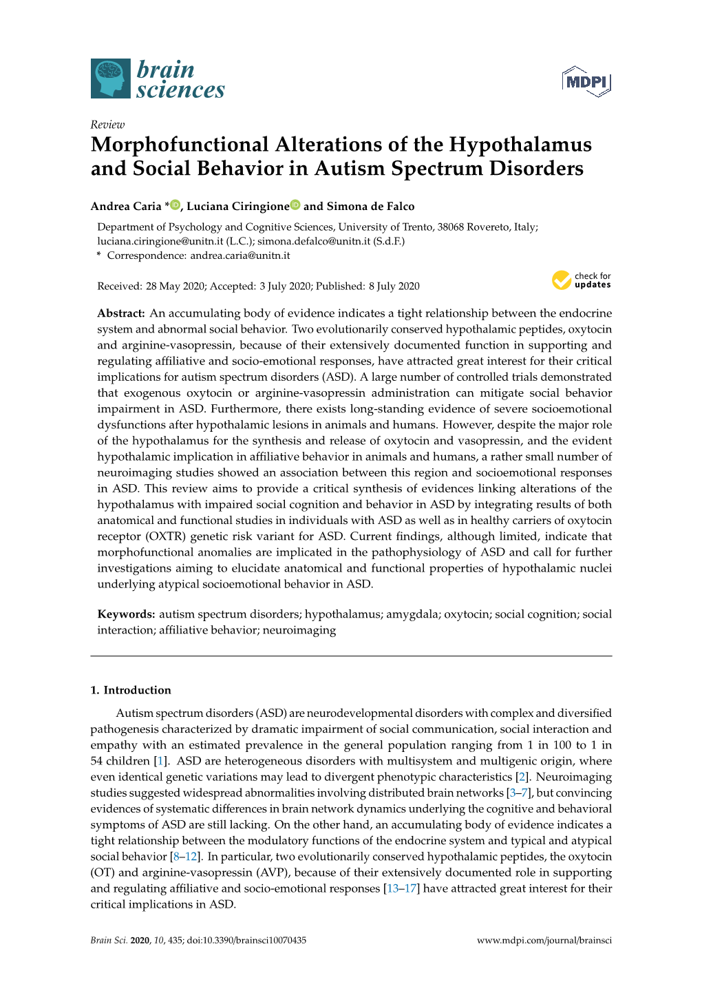 Morphofunctional Alterations of the Hypothalamus and Social Behavior in Autism Spectrum Disorders