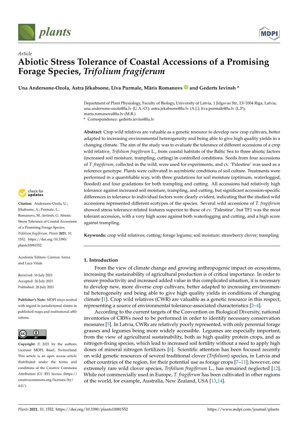 Article Abiotic Stress Tolerance of Coastal Accessions of a Promising Forage Species, Trifolium Fragiferum