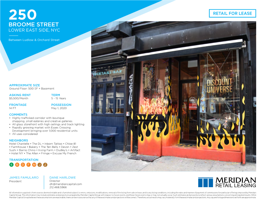 250 Retail for Lease Broome Street Lower East Side, Nyc